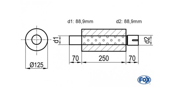 FOX Uni-Silencer around with Nozzle - completion 390 Ø 125mm, d1Ø 88,9mm outside - d2Ø 88,9mm inside - length: 250mm