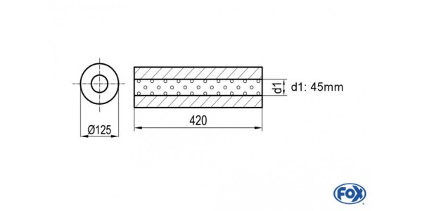 FOX Uni-Schalldämpfer rund ohne Stutzen - Abwicklung 390 Ø 125mm, d1Ø 45mm, Länge: 420mm