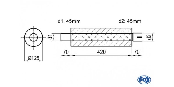 FOX Uni-Schalldämpfer rund mit Stutzen - Abwicklung 390 Ø 125mm, d1Ø 45mm d2Ø 45,5mm, Länge: 420mm