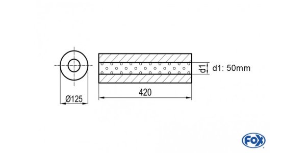 FOX Uni-Schalldämpfer rund ohne Stutzen - Abwicklung 390 Ø 125mm, d1Ø 50mm, Länge: 420mm