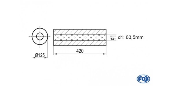 FOX Uni-Schalldämpfer rund ohne Stutzen - Abwicklung 390 Ø 125mm, d1Ø 63,5mm, Länge: 420mm