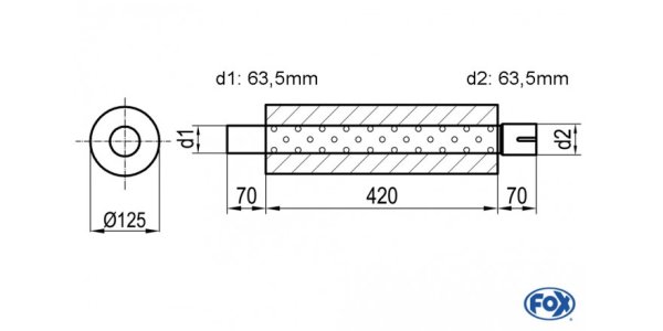 FOX Uni-Schalldämpfer rund mit Stutzen - Abwicklung 390 Ø 125mm, d1Ø 63,5mm d2Ø 64mm, Länge: 420mm