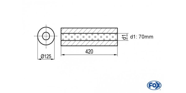 FOX Uni-Schalldämpfer rund ohne Stutzen - Abwicklung 390 Ø 125mm, d1Ø 70mm, Länge: 420mm