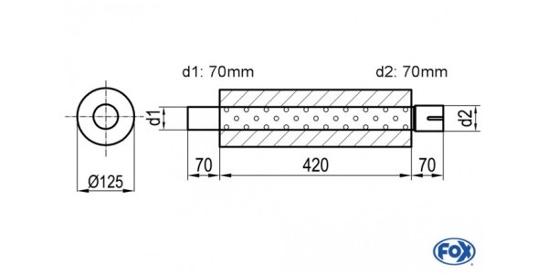 FOX Uni-Schalldämpfer rund mit Stutzen - Abwicklung 390 Ø 125mm, d1Ø 70mm d2Ø 70,5mm, Länge: 420mm