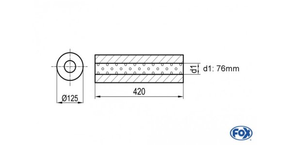 FOX Uni-Schalldämpfer rund ohne Stutzen - Abwicklung 390 Ø 125mm, d1Ø 76mm außen, Länge: 420mm