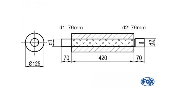 FOX Uni-Schalldämpfer rund mit Stutzen - Abwicklung 390 Ø 125mm, d1Ø 76mm d2Ø 76,5mm, Länge: 420mm