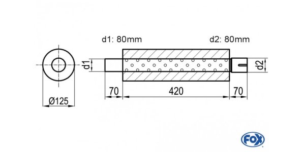 FOX Uni-Schalldämpfer rund mit Stutzen - Abwicklung 390 Ø 125mm, d1Ø 80mm außen, d2Ø 80mm innen, Länge: 420mm