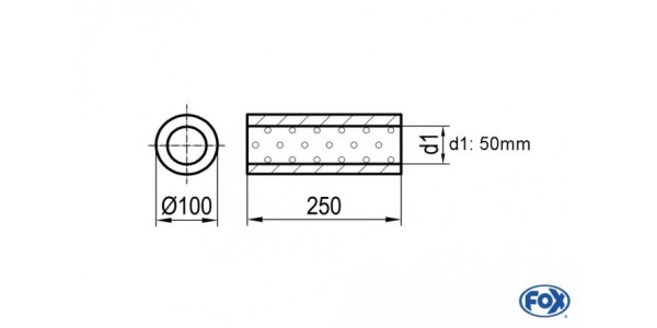 FOX Uni-Schalldämpfer rund ohne Stutzen - Abwicklung 314 Ø 100mm, d1Ø 50mm, Länge: 250mm