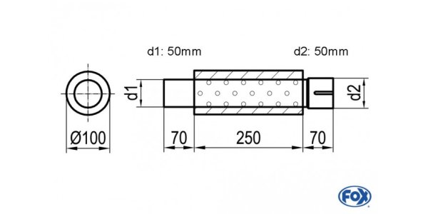 FOX Uni-Schalldämpfer rund mit Stutzen - Abwicklung 314 Ø 100mm, d1Ø 50mm d2Ø 50,5mm, Länge: 250mm