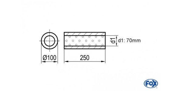 FOX Uni-Schalldämpfer rund ohne Stutzen - Abwicklung 314 Ø 100mm, d1Ø 70mm, Länge: 250mm