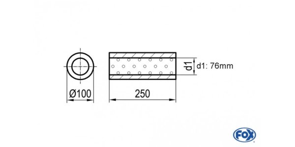FOX Uni-Schalldämpfer rund ohne Stutzen - Abwicklung 314 Ø 100mm, d1Ø 76mm, Länge: 250mm