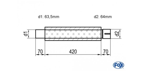 FOX Uni-Schalldämpfer rund mit Stutzen - Abwicklung 314 Ø 100mm, d1Ø 63,5mm d2Ø 64mm, Länge: 420mm