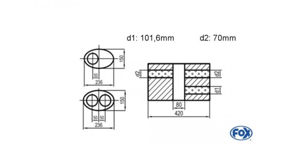 FOX Uni-Silencer oval double flow with chamber -completion 618 236x150mm, d1Ø 101,6 mm d2Ø 70mm, length: 420mm - variant 1