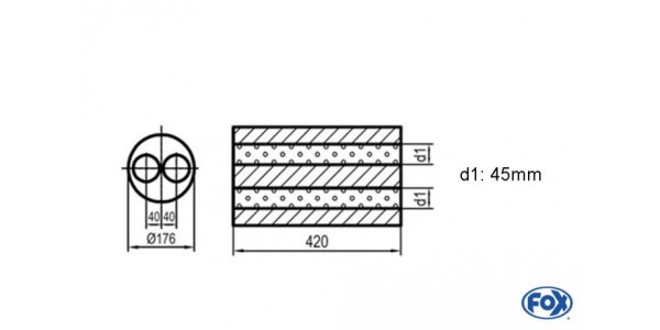 FOX Uni-Silencer around w/o Nozzle - completion 556 Ø176mm, double flow d1Ø 45mm, length: 420mm -Ø 176mm