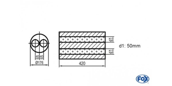 FOX Uni-Silencer around w/o Nozzle - completion 556 Ø176mm, double flow d1Ø 50mm, length: 420mm -Ø 176mm