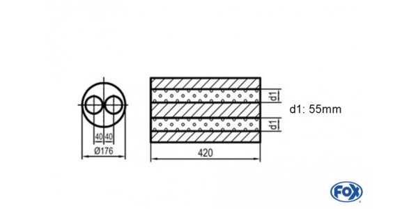 FOX Uni-Silencer around w/o Nozzle - completion 556 Ø176mm, double flow d1Ø 55mm, length: 420mm -Ø 176mm