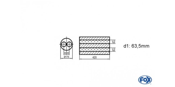 FOX Uni-Silencer around w/o Nozzle - completion 556 Ø176mm, double flow d1Ø 63mm, length: 420mm -Ø 176mm