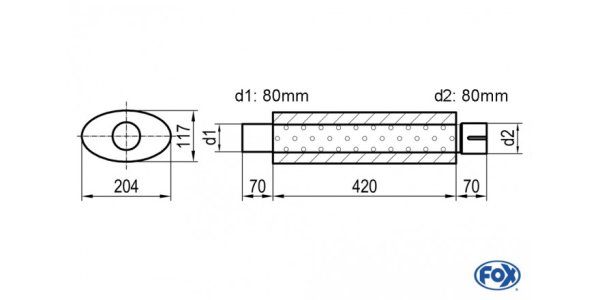 FOX Uni-Schalldämpfer oval mit Stutzen - Abwicklung 525 204x117mm, d1Ø 80mm d2Ø80,5mm innen - Länge: 420mm