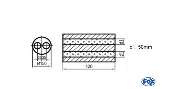 FOX Uni-Silencer around double flow - completion 466 Ø150, d1Ø 50mm, length: 420mm