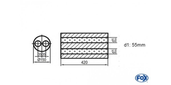 FOX Uni-Silencer around double flow - completion 466 Ø150, d1Ø 55mm, length: 420mm