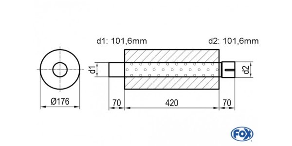 FOX Uni-Schalldämpfer rund mit Stutzen - Abwicklung 556 Ø 176mm, d1Ø 88,9mm außen - d2Ø 88,9mm innen - Länge: 420mm