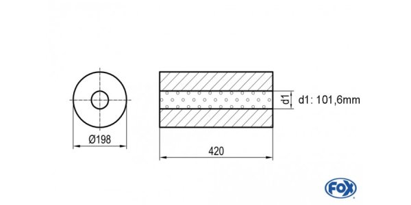 FOX Uni-Schalldämpfer rund ohne Stutzen - Abwicklung 626 Ø 198mm, d1Ø 101,6mm, Länge: 420mm -Ø 198mm