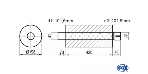 FOX Uni-Schalldämpfer rund mit Stutzen - Abwicklung 626 Ø 198mm, d1Ø 101,6mm d2Ø 101,6mm, Länge: 420mm