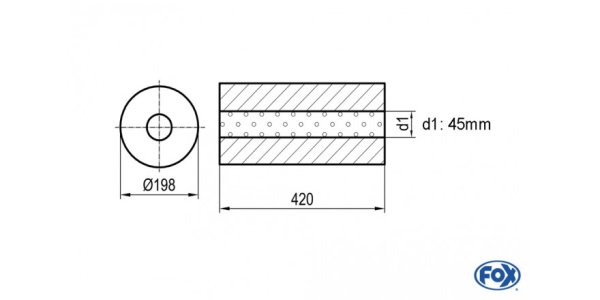 FOX Uni-Schalldämpfer rund ohne Stutzen - Abwicklung 626 Ø 198mm, d1Ø 45mm, Länge: 420mm -Ø 198mm