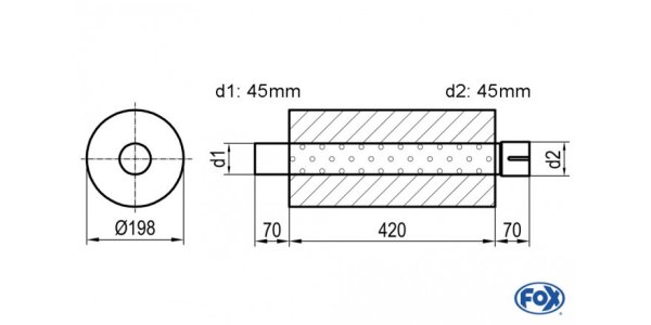 FOX Uni-Schalldämpfer rund mit Stutzen - Abwicklung 626 Ø 198mm, d1Ø 45mm d2Ø 45,5mm, Länge: 420mm