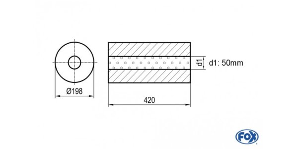 FOX Uni-Schalldämpfer rund ohne Stutzen - Abwicklung 626 Ø 198mm, d1Ø 50mm, Länge: 420mm -Ø 198mm