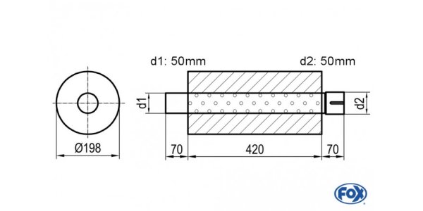 FOX Uni-Schalldämpfer rund mit Stutzen - Abwicklung 626 Ø 198mm, d1Ø 50mm d2Ø 50,5mm, Länge: 420mm