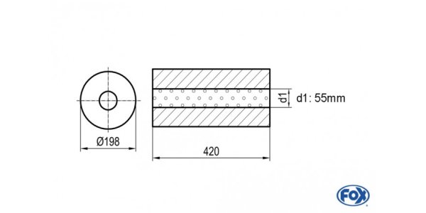 FOX Uni-Schalldämpfer rund ohne Stutzen - Abwicklung 626 Ø 198mm, d1Ø 55mm, Länge: 420mm -Ø 198mm