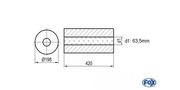 FOX Uni-Schalldämpfer rund ohne Stutzen - Abwicklung 626 Ø 198mm, d1Ø 63,5mm, Länge: 420mm -Ø 198mm