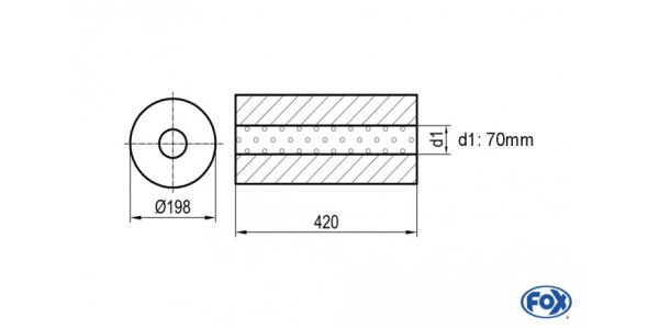 FOX Uni-Schalldämpfer rund ohne Stutzen - Abwicklung 626 Ø 198mm, d1Ø 70mm, Länge: 420mm -Ø 198mm