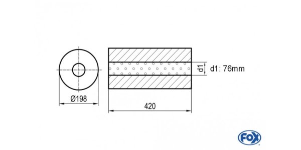 FOX Uni-Schalldämpfer rund ohne Stutzen - Abwicklung 626 Ø 198mm, d1Ø 76mm, Länge: 420mm -Ø 198mm