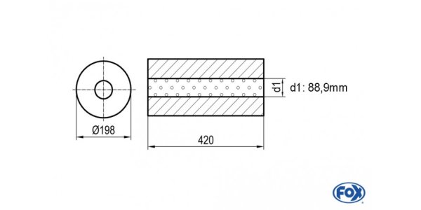 FOX Uni-Schalldämpfer rund ohne Stutzen - Abwicklung 626 Ø 198mm, d1Ø 88,9mm, Länge: 420mm -Ø 198mm