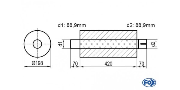 FOX Uni-Schalldämpfer rund mit Stutzen - Abwicklung 626 Ø 198mm, d1Ø 88,9mm d2Ø 88,9mm, Länge: 420mm