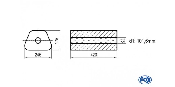 FOX Uni-Schalldämpfer Trapezoid ohne Stutzen - Abwicklung 711 245x175mm, d1Ø 101,6mm außen - Länge: 420mm