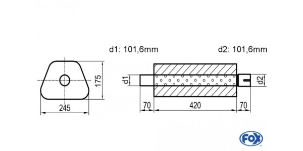 FOX Uni-Schalldämpfer Trapezoid mit Stutzen - Abwicklung 711 245x175mm, d1Ø 101,6mm außen - d2Ø 101,6mm innen - Länge: 420mm