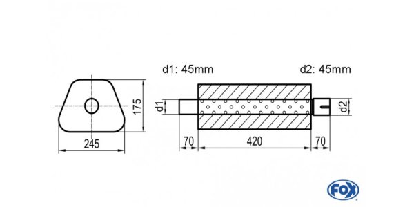 FOX Uni-Schalldämpfer Trapezoid mit Stutzen - Abwicklung 711 245x175mm, d1Ø 45mm außen - d2Ø 45mm innen - Länge: 420mm