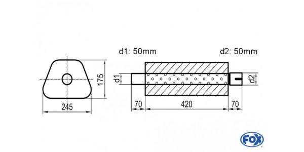 FOX Uni-Schalldämpfer Trapezoid mit Stutzen - Abwicklung 711 245x175mm, d1Ø 50mm außen - d2Ø 50mm innen - Länge: 420mm