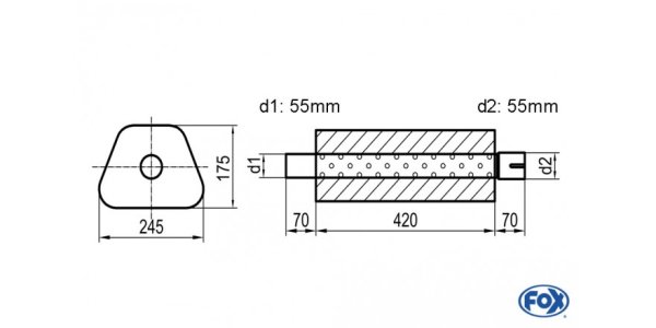 FOX Uni-Schalldämpfer Trapezoid mit Stutzen - Abwicklung 711 245x175mm, d1Ø 55mm außen - d2Ø 55mm innen - Länge: 420mm