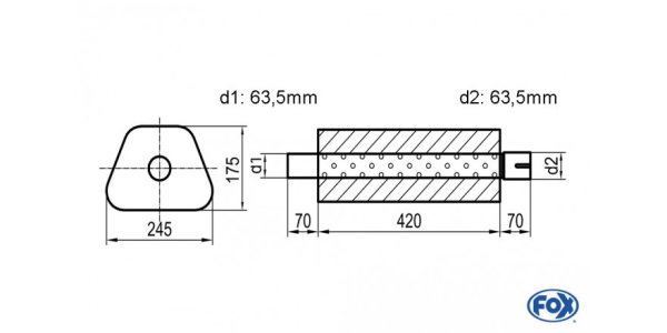 FOX Uni-Schalldämpfer Trapezoid mit Stutzen - Abwicklung 711 245x175mm, d1Ø 63,5mm außen - d2Ø 63,5mm innen - Länge: 420mm