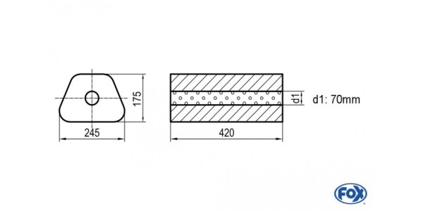 FOX Uni-Schalldämpfer Trapezoid ohne Stutzen - Abwicklung 711 245x175mm, d1Ø 70mm außen - Länge: 420mm