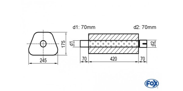 FOX Uni-Schalldämpfer Trapezoid mit Stutzen - Abwicklung 711 245x175mm, d1Ø 70mm außen - d2Ø 70mm innen - Länge: 420mm