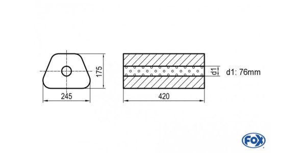 FOX Uni-Schalldämpfer Trapezoid ohne Stutzen - Abwicklung 711 245x175mm, d1Ø 76mm außen - Länge: 420mm