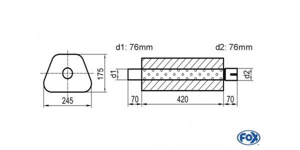 FOX Uni-Schalldämpfer Trapezoid mit Stutzen - Abwicklung 711 245x175mm, d1Ø 76mm außen - d2Ø 76mm innen - Länge: 420mm