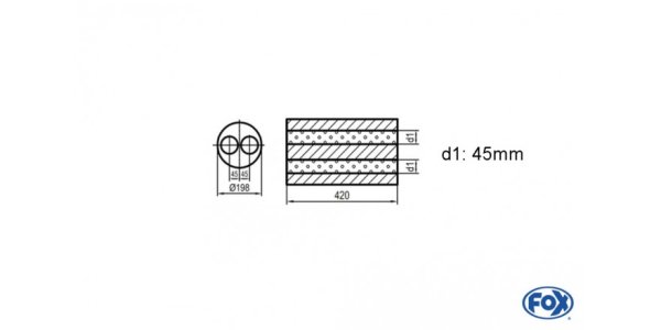 FOX Uni-Schalldämpfer rund zweiflutig - Abwicklung 626 Ø 198mm, zweiflutig, d1Ø 45mm, Länge: 420mm -Ø 198mm