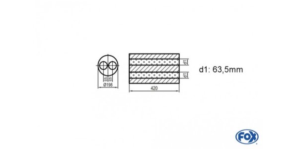 FOX Uni-Schalldämpfer rund zweiflutig - Abwicklung 626 Ø 198mm, zweiflutig, d1Ø 63,5mm, Länge: 420mm -Ø 198mm