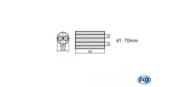 FOX Uni-Silencer around double flow - completion 626 Ø 198mm, double flow, d1Ø 70mm, length: 420mm -Ø 198mm